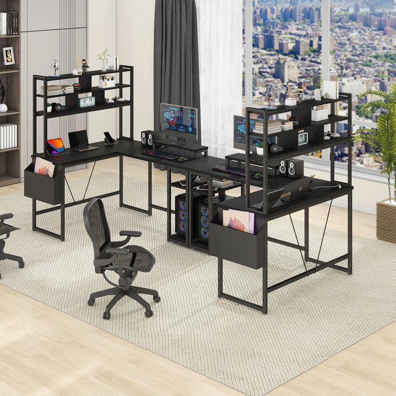 Letrell L-Shaped Computer Desk with Power Outlet, Black