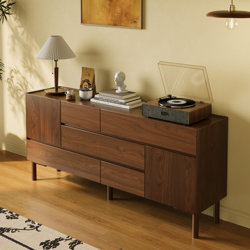 71" Wide Sideboard With Solid Wood Legs, Adjustable Shelves, Mid-century Modern Accent Cabinet, Wood Tv Stand