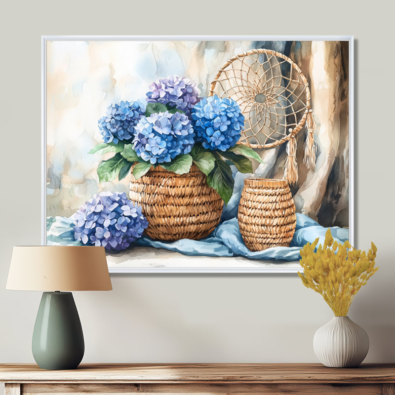 «Boho Blue Hydrangea Bliss I», art mural grand hortensia, H 16 po x l 32 po, Impression sur cadre flottant, Blanc
