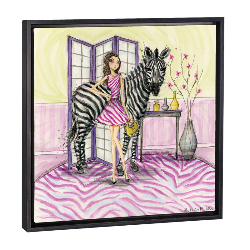 Zoe et zèbre art, H 18 po x l 18 po x P 1,5 po, Toile avec cadre noir patiné