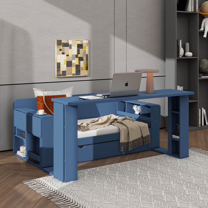 Wooden Full-Size Daybed With Built-In Storage Drawers, Removable Desk, And Hydraulic Side Table, Blue, Full