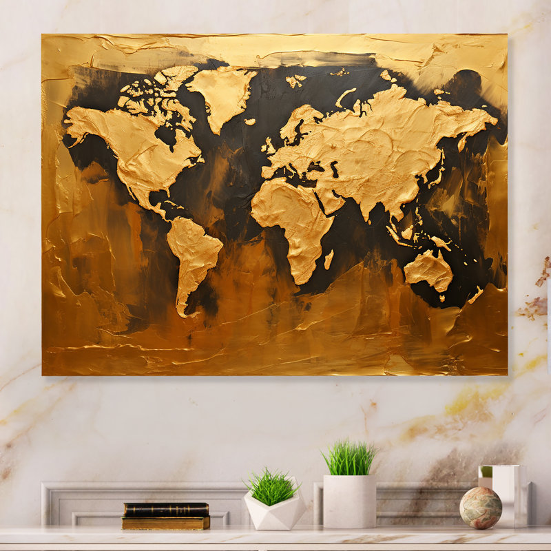 "Carte du monde en noir et or" sur métal, H 12 po x l 20 po x P 1 po