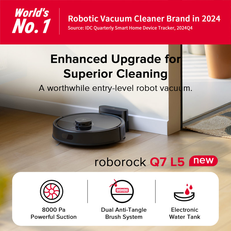 Roborock Q7 L5 Robot Vacuum And Mop, 8,000Pa Suction, Dual Anti-Tangle System, Lidar Navigation, Black