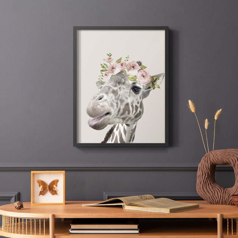 «Peek A Boo Giraffe I», reproduction encadrée - bois massif, Cadre simple noir, H 20 po x l 16 po