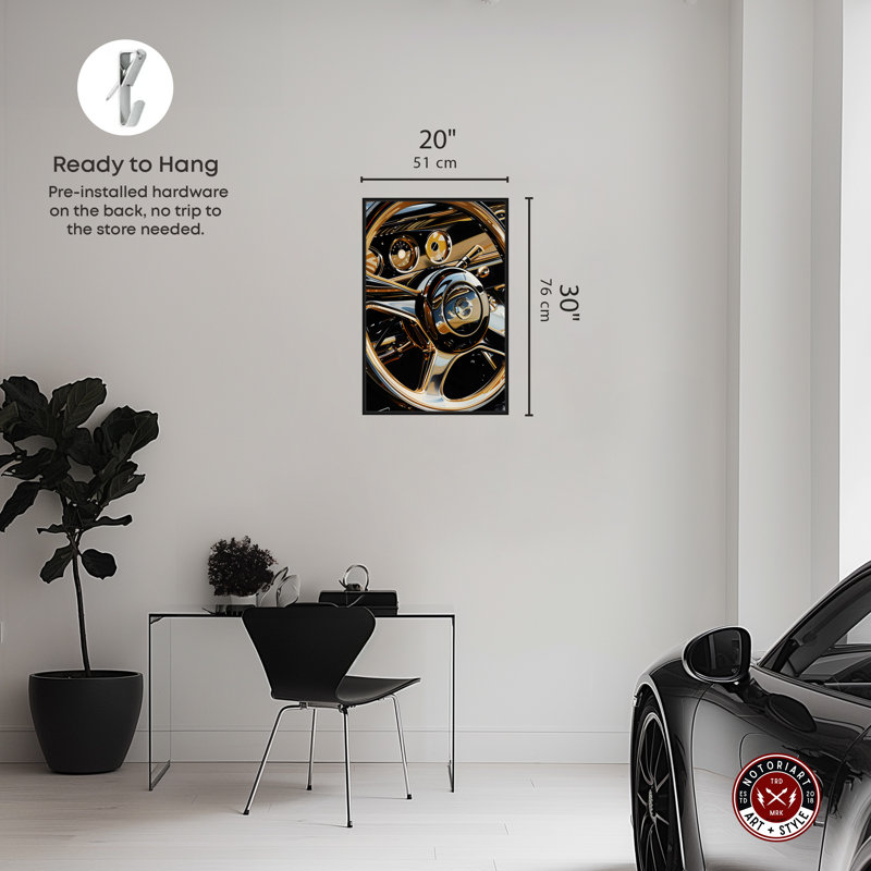 Notoriart Elegant Steering Wheel Framed Car 1 Piece Canvas Wall Art, Black Framed, 31" H x 21" W