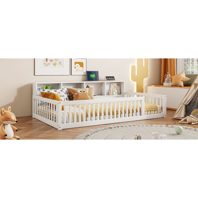 Lit en bois simple TG avec armoires de rangement et ports USB