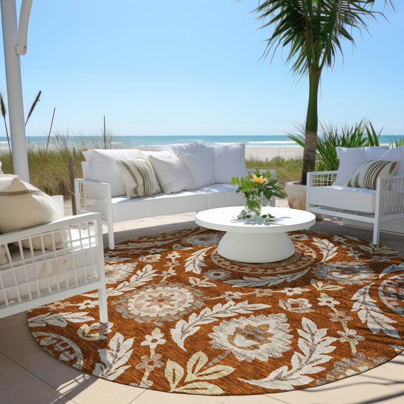  Machine Washable Indoor/Outdoor Mahaney ACN751 Ivory Rug, Round 8'