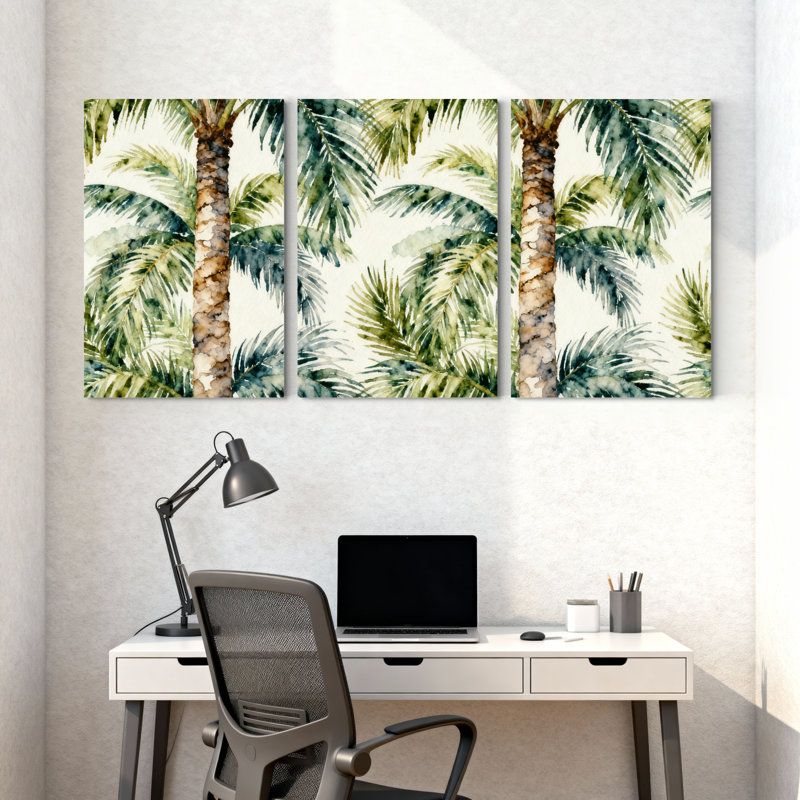 Palmiers, palmiers, aquarelle, réflexion, motif tropical, ensemble de 3 impressions sur toile, H 18 po x l 36 po