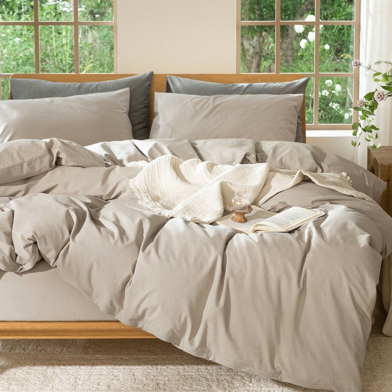 MooMee Lightweight Duvet Cover Set with Zipper Closure 8 Ties 100% Washed Cotton Linen Like Textured Soft Breathable All-Season