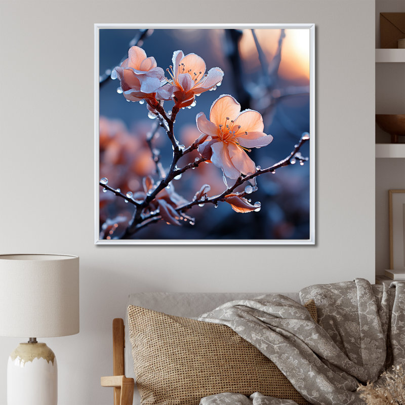 Hiver, fleurs de cerisier Blossoum IV - plantes et fleurs, art mural, Cadre flottant blanc, H 30 po x l 30 po