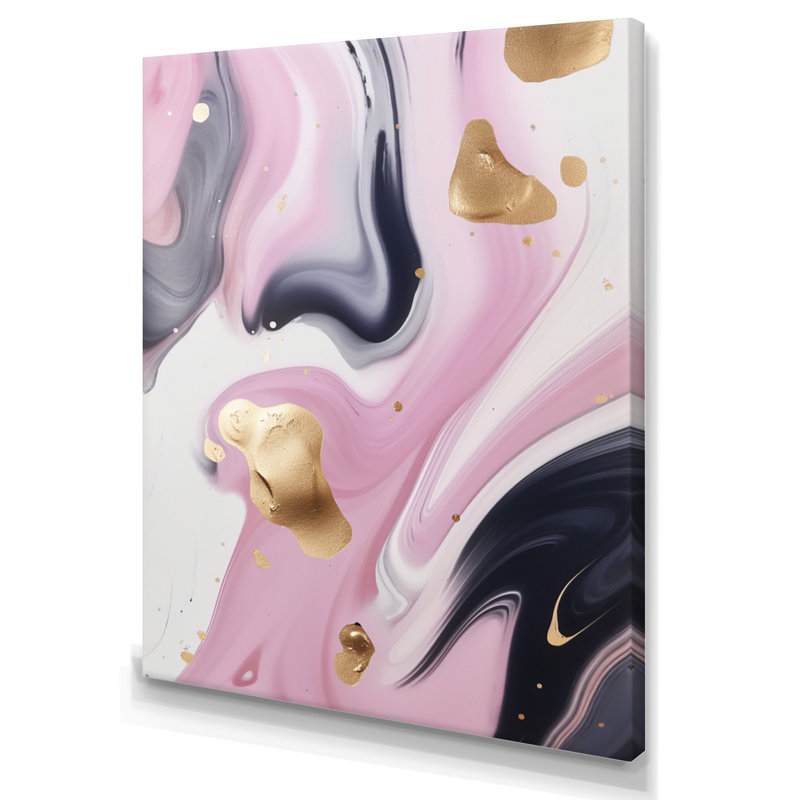«Gold and Pink Swirl Ink V», art abstrait sur toile marbrée, H 32 po x l 24 po x P 1 po, Toile tendue