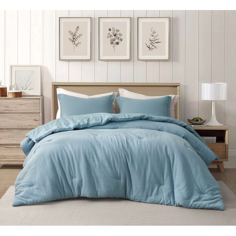 Breeze Cotton Gauze Comforter Bedding Set, Oversized King Comforter + 2 King Shams, Lake Blue