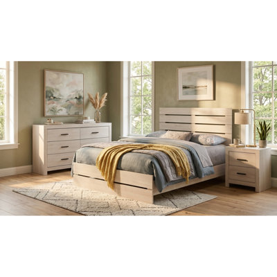 Le grand lit à panneau comprend une tête de lit à lattes moderne et une silhouette minimaliste au fini blanc bord de mer brillant. Dimensions totales du produit: l 85,75 po x P 63 po x H 52,25 po. Fabriqué en bois d'ingénierie pour une fiabilité quotidienne
