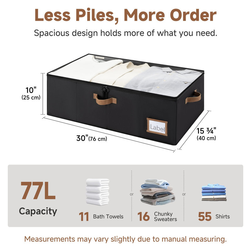Bacs de rangement sous le lit, contenants de rangement sous le lit de 10 po avec couvercle, organisateur de vêtements 77 L pour la literie, couvertures, chandails, chaussures, paquet de 2, noir