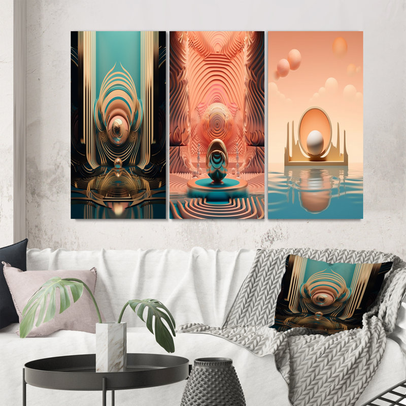 «Graphic Bliss Retro Futuristic Architecture IV», 3 pièces sur toile, Toile tendue, H 28 po x l 36 po