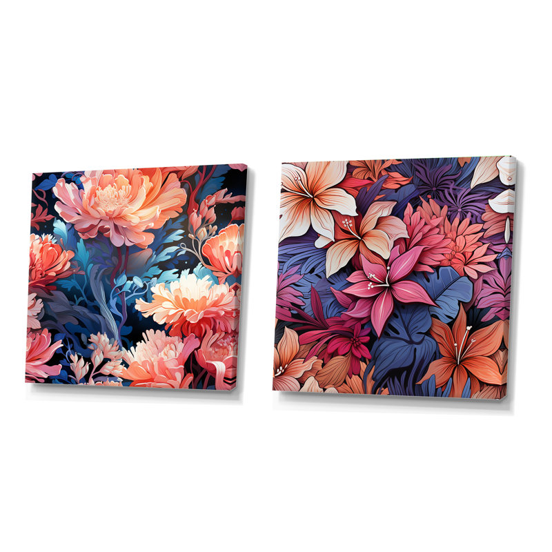 Coral Mirage - motif tropical II - ensemble de 2 collages carrés floraux, Toile tendue, H 16 po x l 33 po