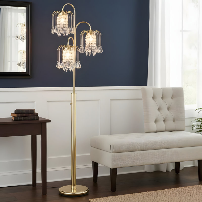 Lampe sur pied en métal de 63 po de hauteur, finition laiton, conception de lustre en cristal