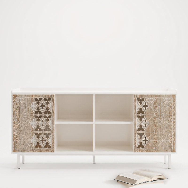 Buffet 58,66 "Mid Century avec portes coulissantes et tablettes ouvertes, blanc / rétro