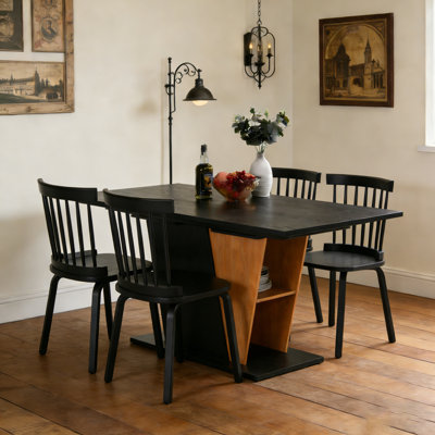 5 Pieces Modern Farmhouse Rectangle Dining Set with Mid-century Windsor Chair Set for 4