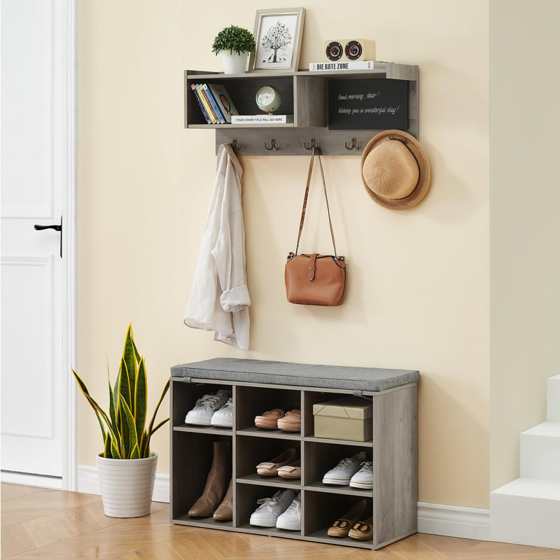Étagère à chaussures Hall Tree, 31,5 po, portemanteau 6 en 1, 5 crochets, 9 casiers de rangement avec petit tableau noir et bibliothèque pour le vestibule (gris)