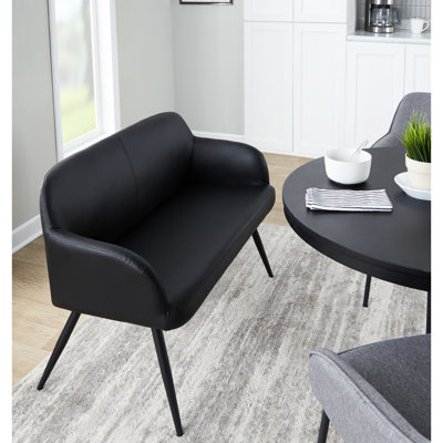 Banc contemporain à dossier haut en similicuir noir et acier, pour plus de confort, pouvant accueillir deux personnes, pour l'intérieur, limite de 500 lb, assemblage requis avec des pieds en acier, capacité