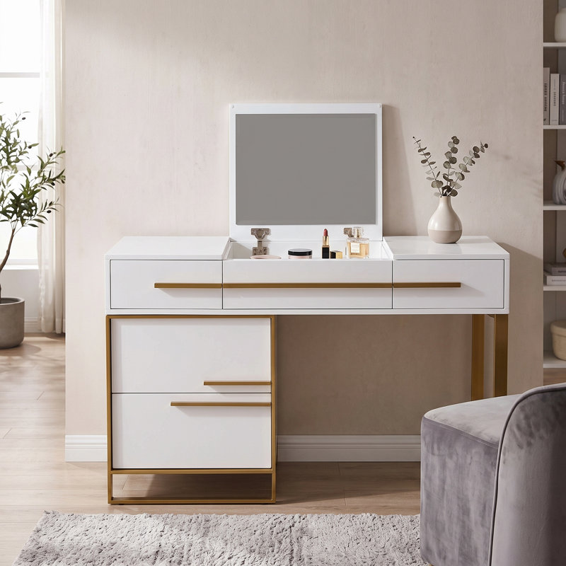 Meuble-lavabo moderne 47 "avec miroir rabattable, Blanc / Doré