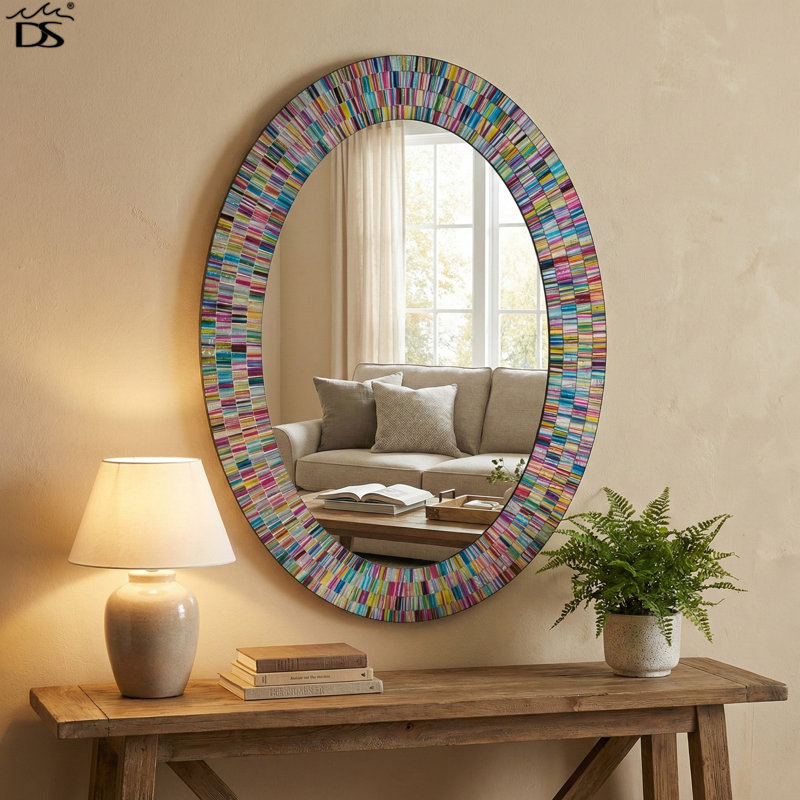 Tallarook Rainbow Glass Mosaic Wall Mirror, Decorative Wall Mirror, Multi Color Spectrum Wall Mountable, Framed Mirror