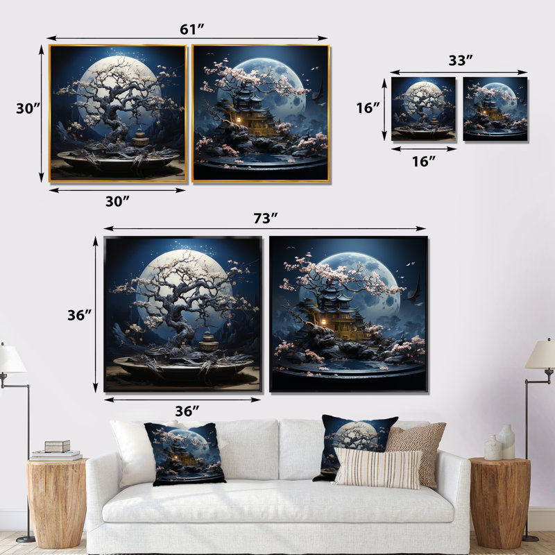 Bonsaï blanc sérénade I - Ensemble de 2 impressions sur toile Bonsai, Encadrement doré, H 16 po x l 33 po x P 1 po