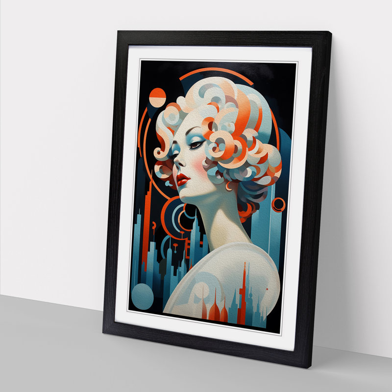 Woman with Curls Art Deco Art - Framed Print, Black, 46cm H x 34cm W x 2cm D