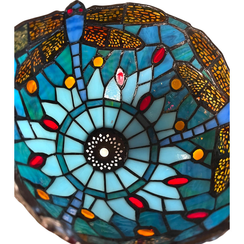 Classic Tiffany Style Table Lamp, 20cm Stained Glass Dragonfly Shade, 37cm Height, (Aqua Blue)