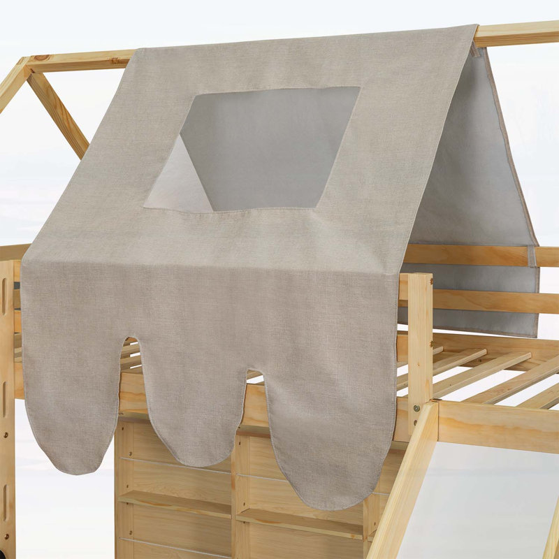 Lit mezzanine simple en bois avec cadre en forme de maison, Naturel