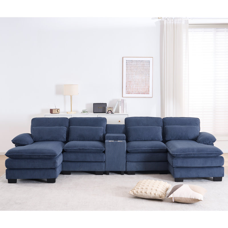 Canapé modulaire en forme de U de 124 po avec console de rangement et porte-gobelets, Velours côtelé bleu