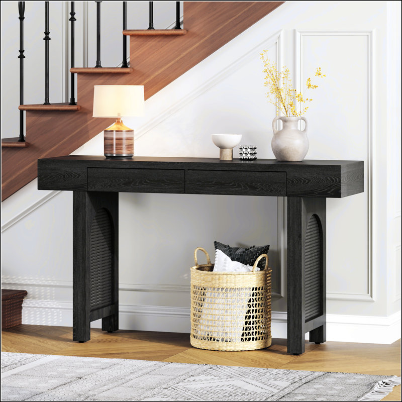 Narrow Console Table With Rattan Accent, Antique Black