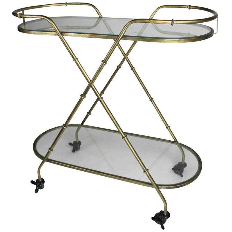 Oval Brass and Glass Bar Cart with Locking Wheels