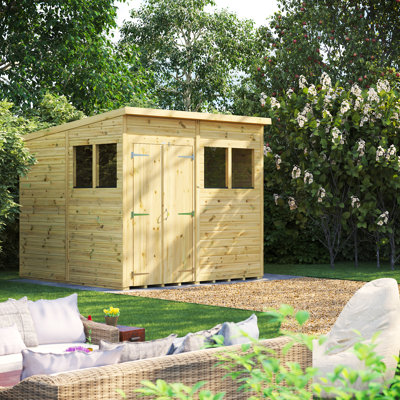 Powersheds 8 x 8ft Premium Pressure Treated Timber Pent Garden Shed, Double Doors
