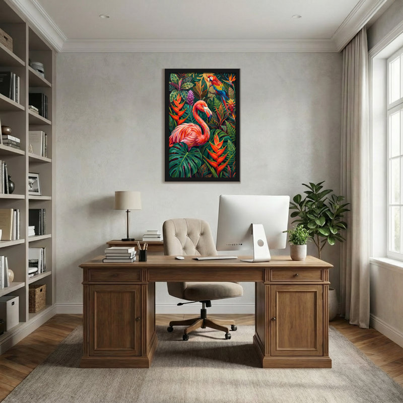 Animaux, flamant rose, perroquet, feuilles tropicales, fleurs, art sur toile, H 36 po x l 24 po
