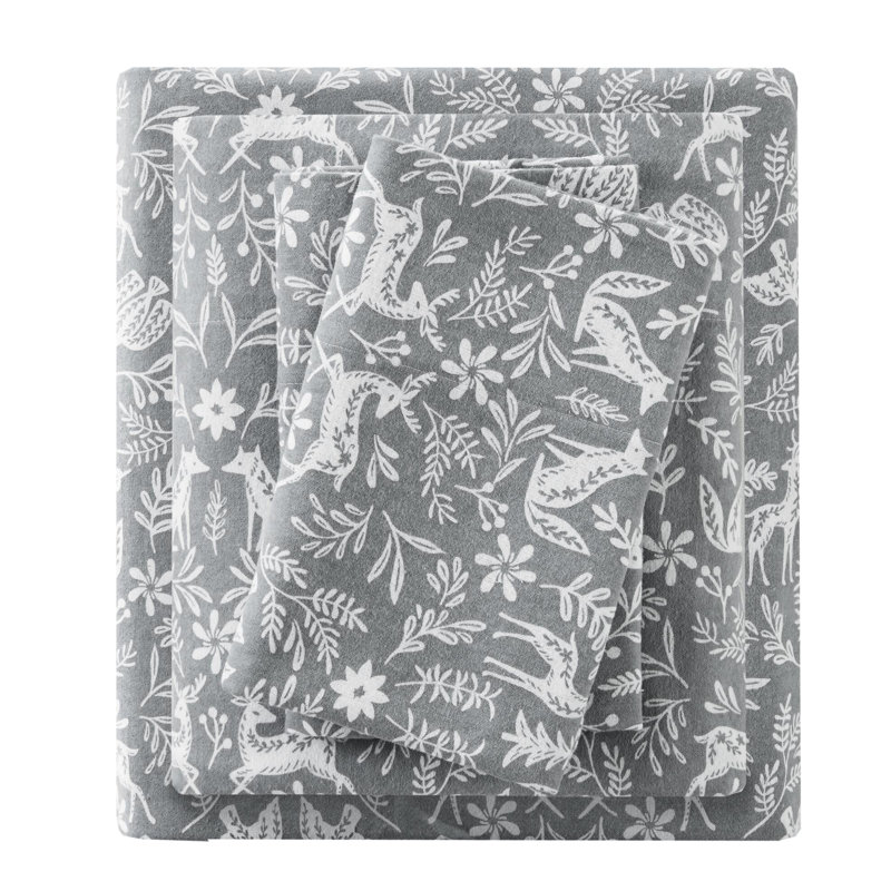 Ensemble de draps 4 pièces - Imprimé faune de sauge d'hiver, 100% flanelle de coton, dimensions luxueuses surdimensionnées jusqu'à une hauteur de matelas de 18 po, douceur supérieure, drap-housse élastique, pré-rétréci