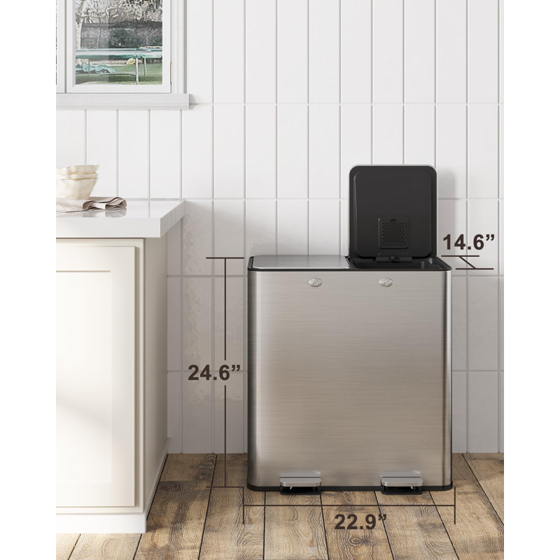 Grande poubelle et poubelle de recyclage en acier inoxydable de 16 gallons avec couvercle à fermeture en douceur, poubelle de cuisine avec poubelles intérieures amovibles
