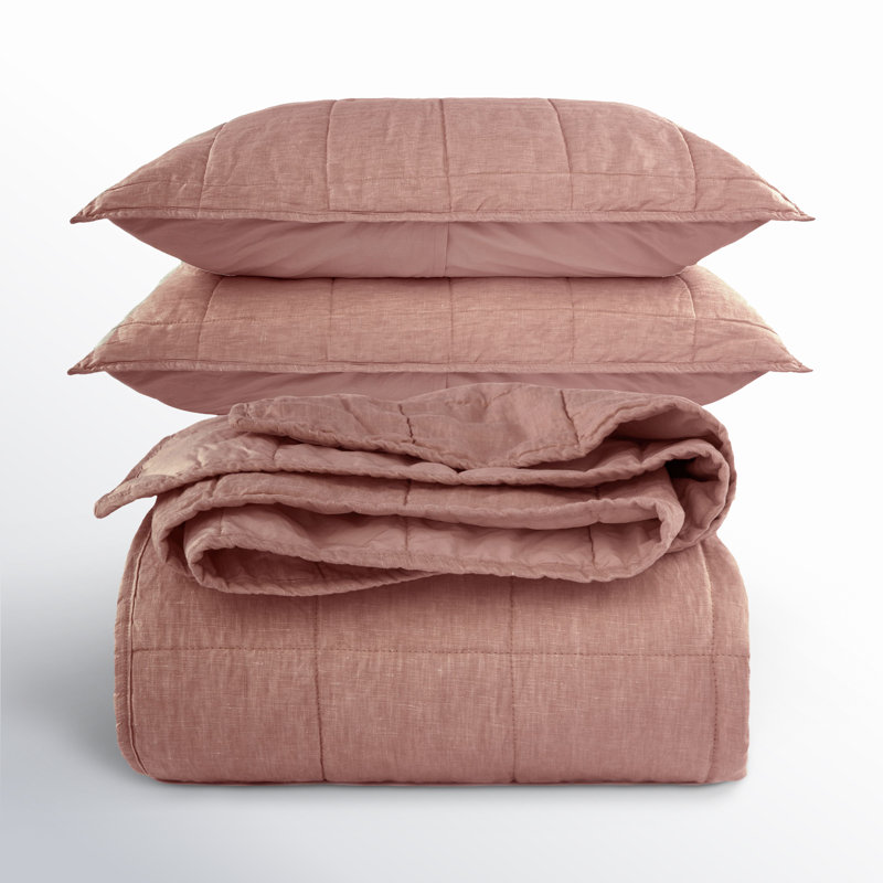 French Linen Box Stitch Quilt & Sham Set, King Quilt + 2 King Pillow Shams, Clay