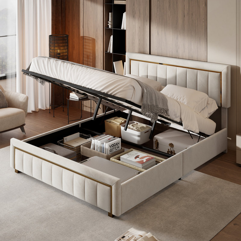 Ottoman Storage Bed, Beige, European Double (140 x 200 cm)