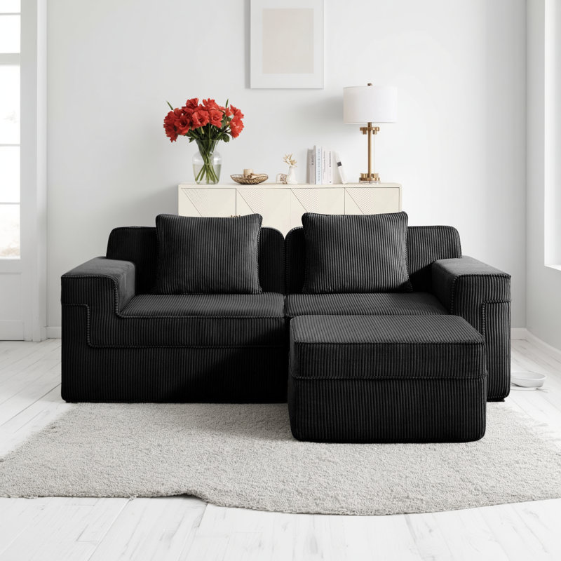 Canapé Cloud double en forme de L sans os (velours côtelé noir), la combinaison modulaire est flexible, le soutien profond du siège est très confortable, avec coussins + repose-pieds amovible, convient à une maison moderne