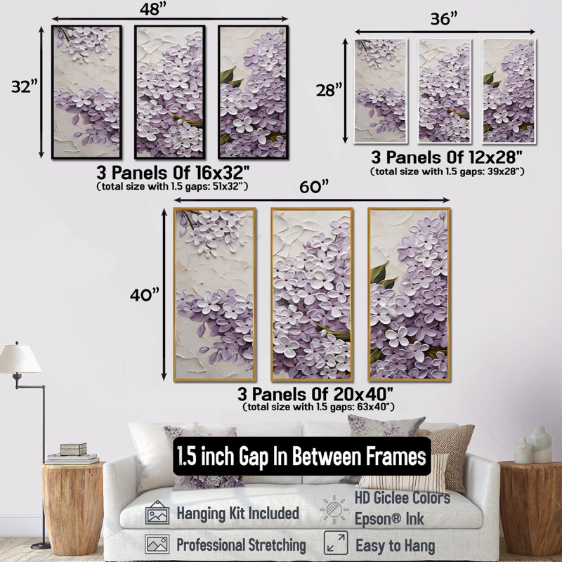 Ensemble de salon à fleurs lilas Melody VI - Lilas, Cadre flottant doré, H 40 po x l 60 po x P 1 po