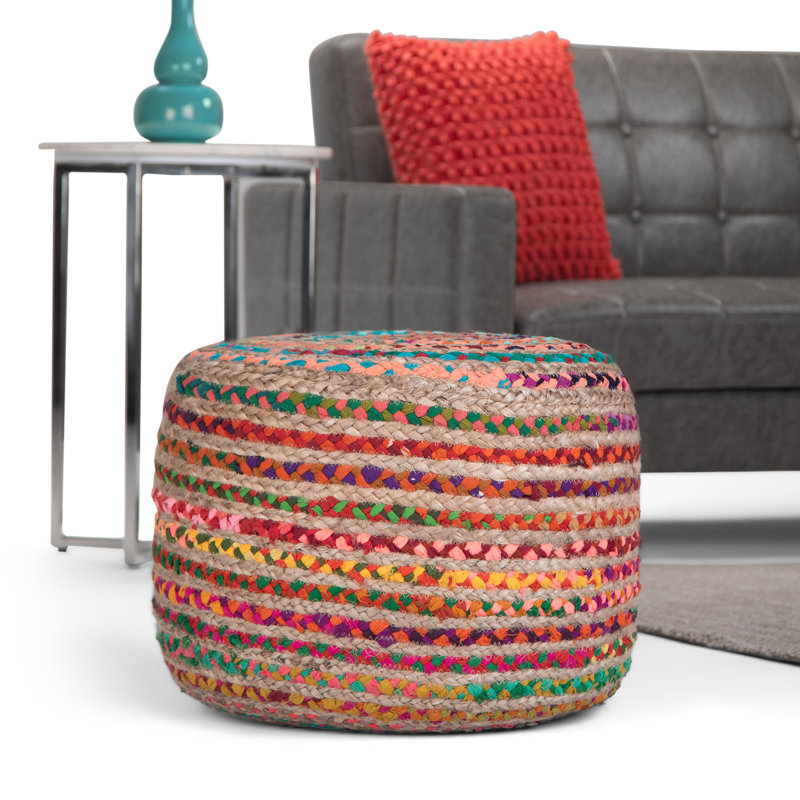 Pouf rond en jute et coton tissé à la main l 20 po Margo multicolore, Multi-couleur, H 14 po x l 20,1 po x P 20,1 po