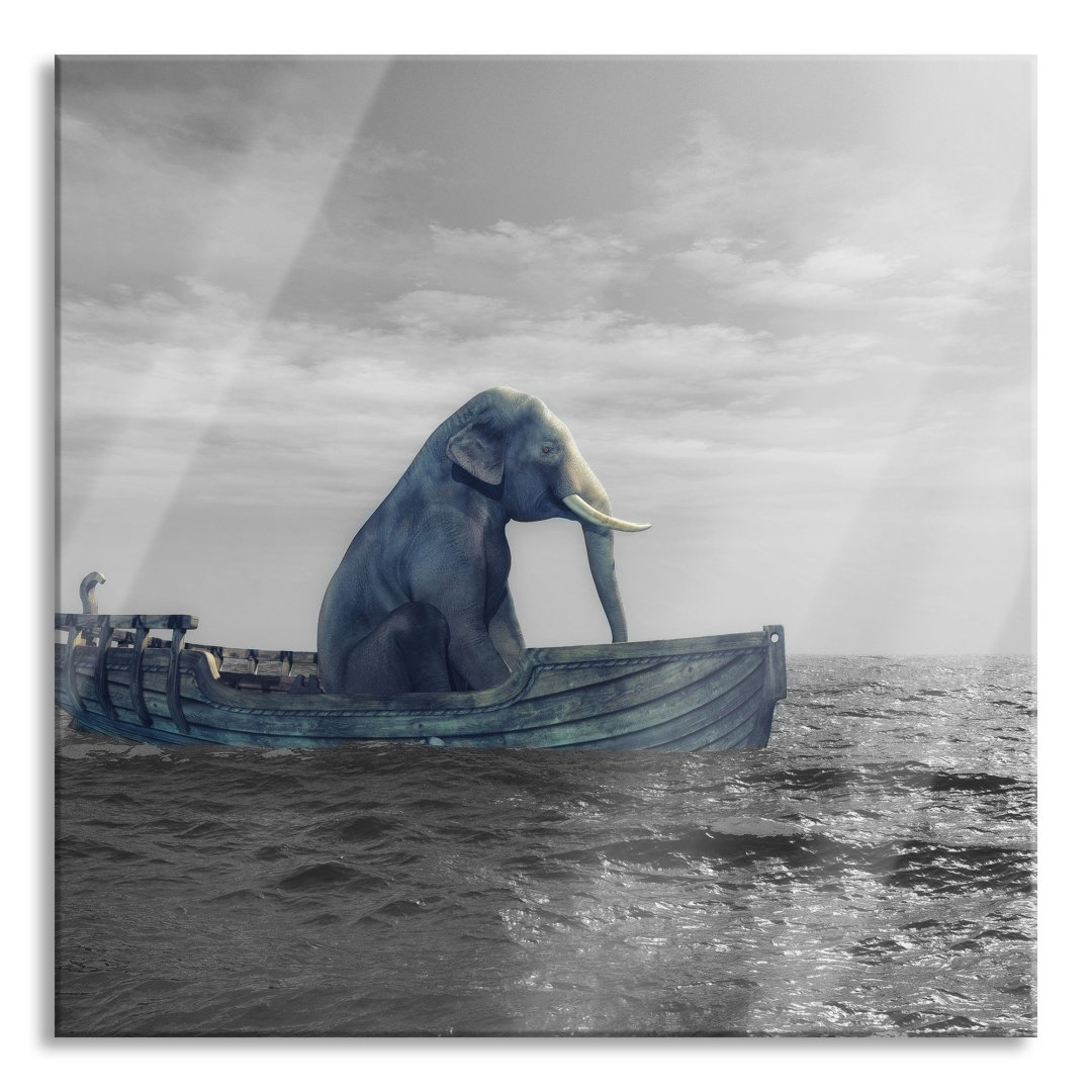 Glasbild Lustig sitzender Elefant im Boot