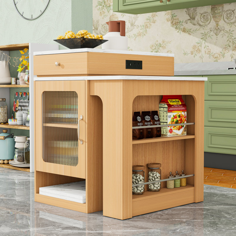 Îlot de cuisine avec table de salle à manger extensible, 2 tiroirs, prise de courant et tablettes latérales ouvertes, Naturel