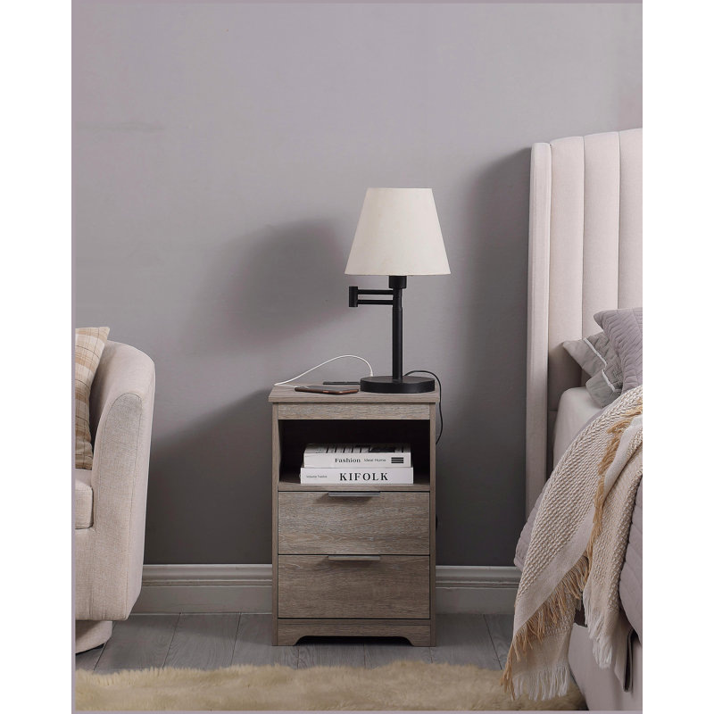Nightstand with Charging Station,End Table with 2 Drawers,Wooden End Table with Drawer and Opening Shelf, Black