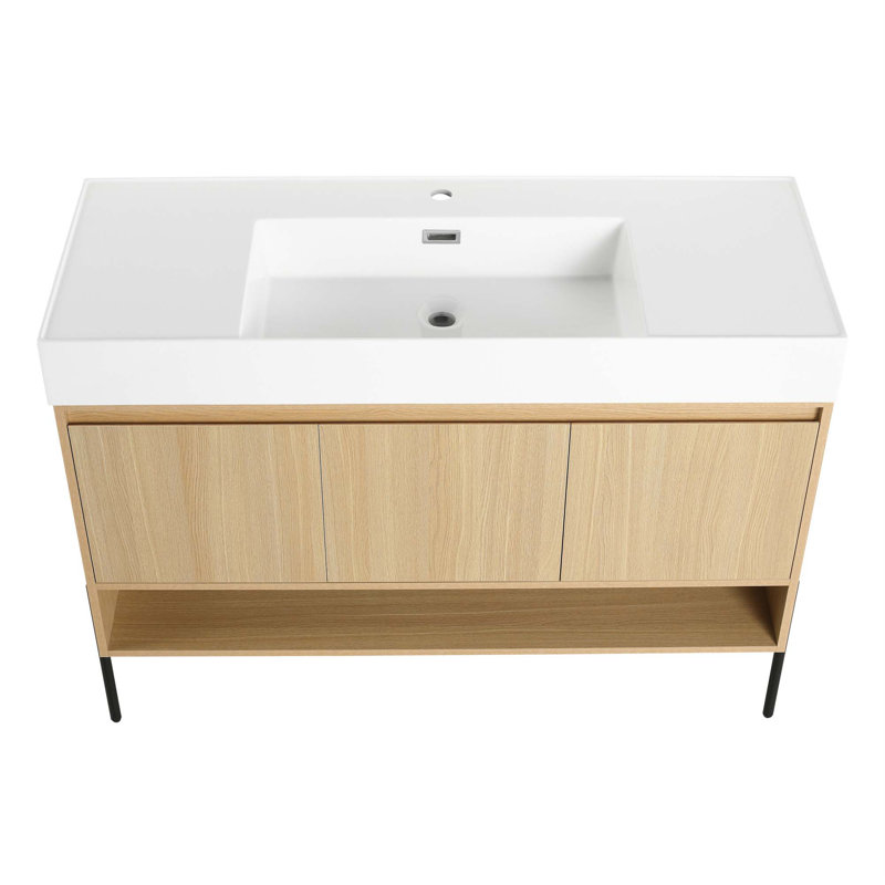 Ensemble de meuble-lavabo de salle de bain 47,25 "avec lavabo simple en résine, ensemble d'armoires de rangement moderne 3 portes, bois massif multicouche
