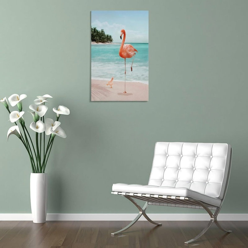 «Flamingo on Beach with Duckling», art mural sur toile sans cadre 24 po x 36 po