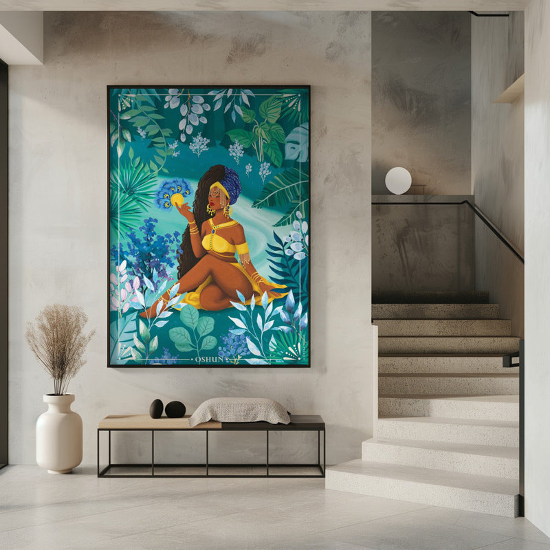 Oshun Orisha, déesse, galerie tendue (prête à être accrochée) -, H 40 po x l 28 po, Reproduction encadrée sans passe-partout