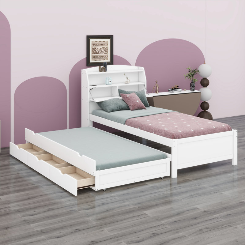 Lit plateforme en bois avec lit gigogne et tête de lit à DEL avec tiroirs, Lit simple, Gris